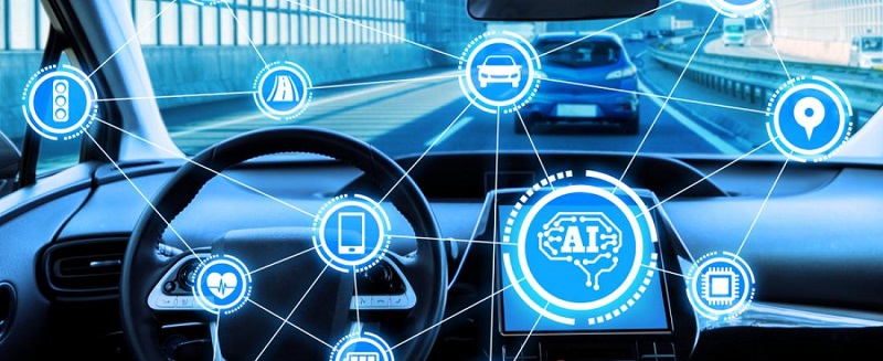 Cockpit of autonomous car and Artificial Intelligence - Driverless car - Self driving vehicle. UGV.